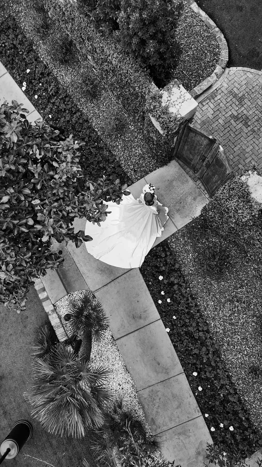 Aerial black and white drone photography of bride walking through garden pathway